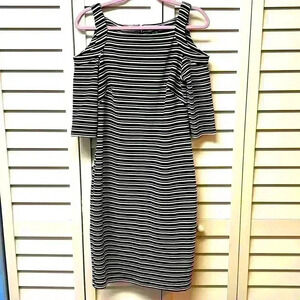 Gabby Skye Striped Cold Shoulder Dress Size 8 Black & White